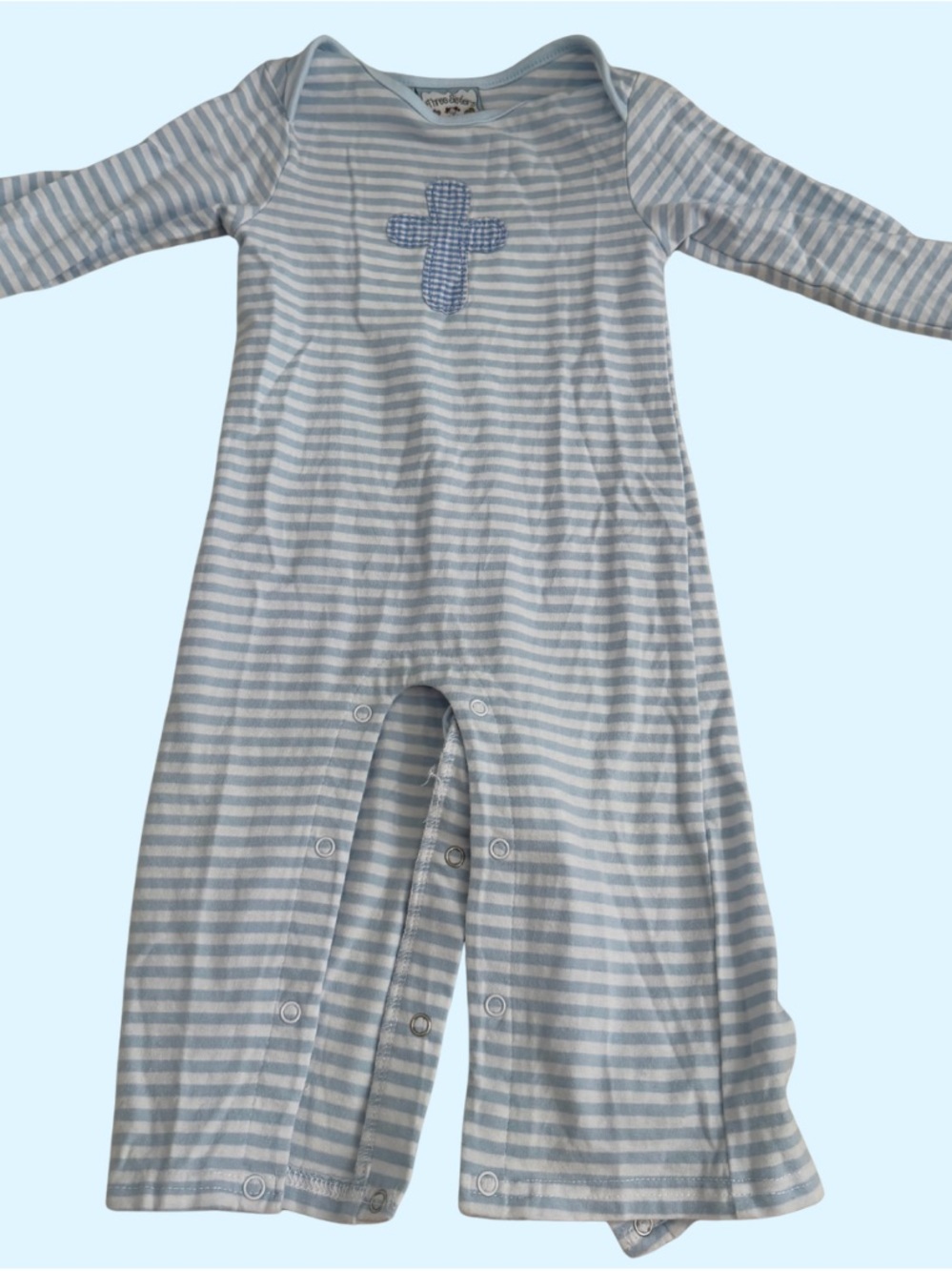 Baby Blue Striped One-Piece Romper with Cross Applique - Three Sisters